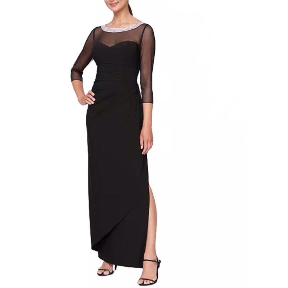 Alex Evenings Rhinestone Embellished Neck Black Illusion Dress Ruched Size 16W